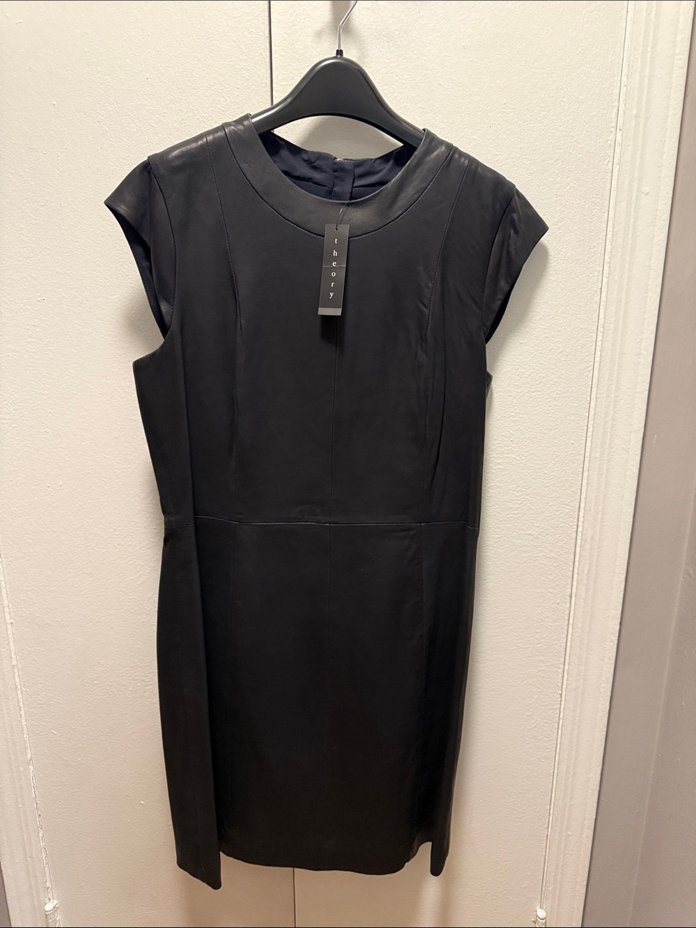Theory Dark Navy Leather Cap-Sleeve Midi Dress